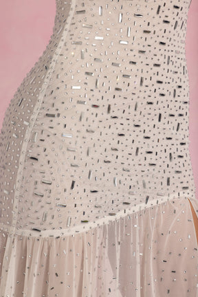 Semi-Sheer Embellished Asymmetric Maxi Dress in White
