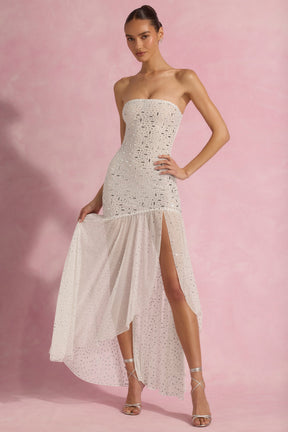 Semi-Sheer Embellished Asymmetric Maxi Dress in White