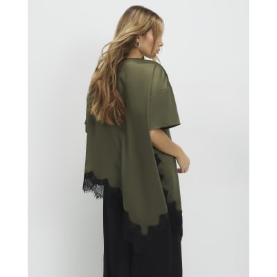 Khaki Asymmetric Lace Satin T-shirt