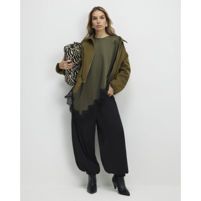 Khaki Asymmetric Lace Satin T-shirt