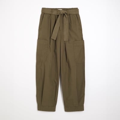 Khaki Belted Barrel Trousers