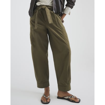 Khaki Belted Barrel Trousers