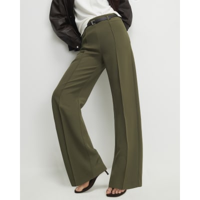 Khaki Belted Straight Leg Trousers