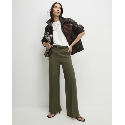 Khaki Belted Straight Leg Trousers