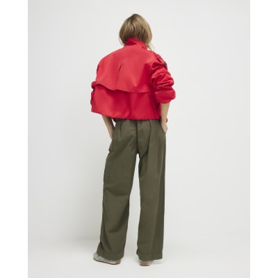 Khaki Belted Wide Leg Poplin Trousers
