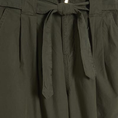 Khaki Belted Wide Leg Poplin Trousers