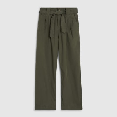 Khaki Belted Wide Leg Poplin Trousers