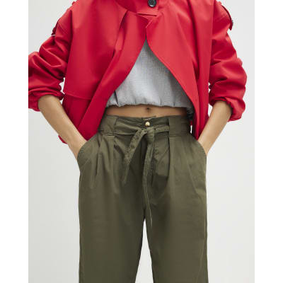 Khaki Belted Wide Leg Poplin Trousers