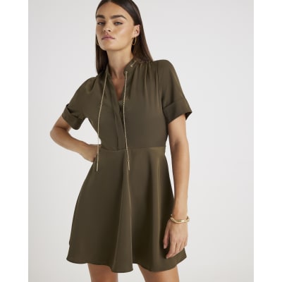 Khaki Chain Detail Skater Mini Dress