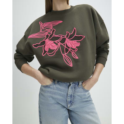 Khaki Contrast Embroidered Floral Sweatshirt