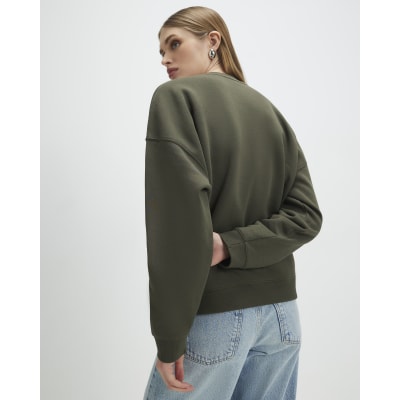 Khaki Contrast Embroidered Floral Sweatshirt
