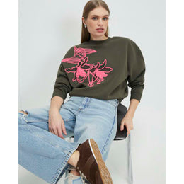 Khaki Contrast Embroidered Floral Sweatshirt
