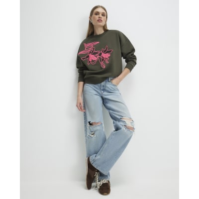 Khaki Contrast Embroidered Floral Sweatshirt