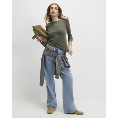 Khaki Cotton Long Sleeve Fitted Top