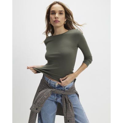 Khaki Cotton Long Sleeve Fitted Top