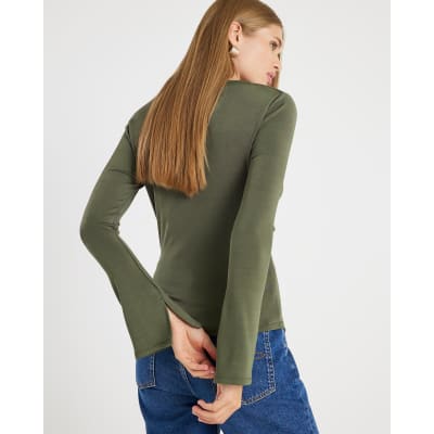 Khaki Cowl Neck Asymmetric Hem Top
