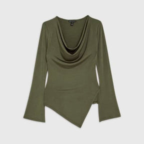 Khaki Cowl Neck Asymmetric Hem Top