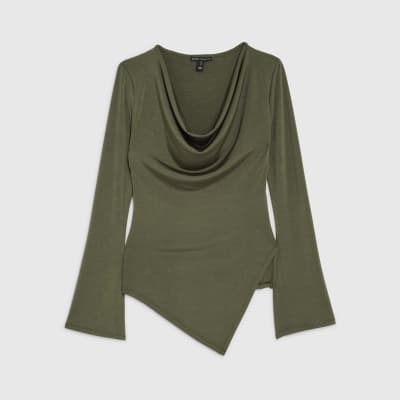 Khaki Cowl Neck Asymmetric Hem Top