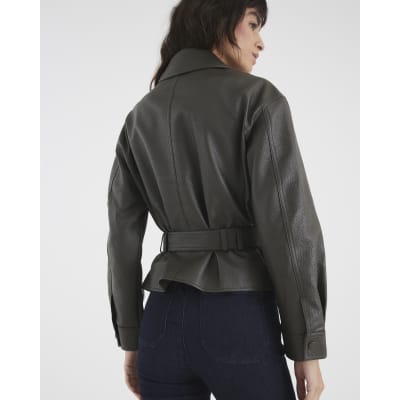 Khaki Faux Leather Belted Long Sleeve Shacket