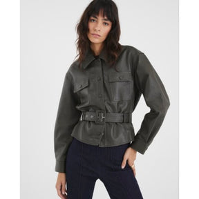 Khaki Faux Leather Belted Long Sleeve Shacket