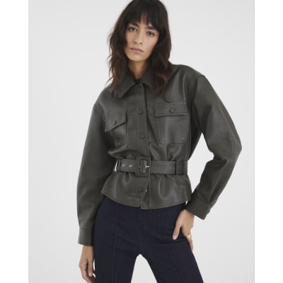 Khaki Faux Leather Belted Long Sleeve Shacket