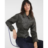 Khaki Faux Leather Belted Long Sleeve Shacket