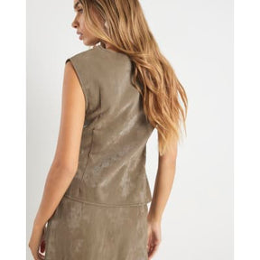 Khaki Faux Leather Hammered Ruched Detail Top