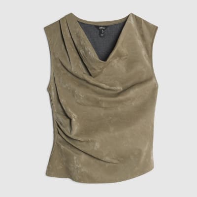 Khaki Faux Leather Hammered Ruched Detail Top
