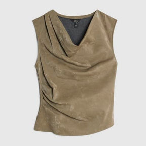 Khaki Faux Leather Hammered Ruched Detail Top