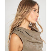 Khaki Faux Leather Hammered Ruched Detail Top