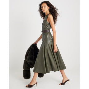 Khaki Faux Leather Midi Dress