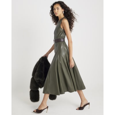 Khaki Faux Leather Midi Dress