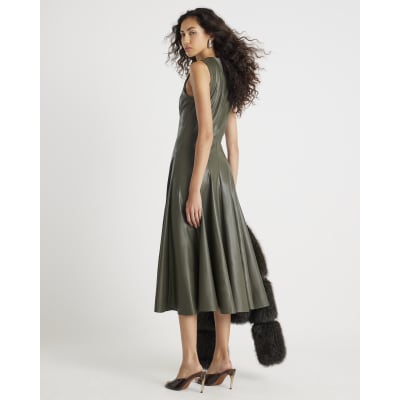 Khaki Faux Leather Midi Dress