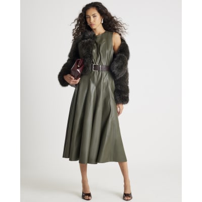 Khaki Faux Leather Midi Dress
