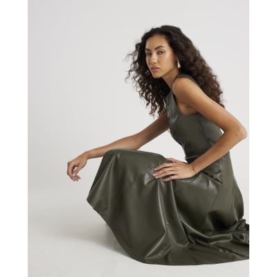 Khaki Faux Leather Midi Dress