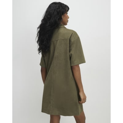 Khaki Faux Suede Short Sleeve Shirt Dress