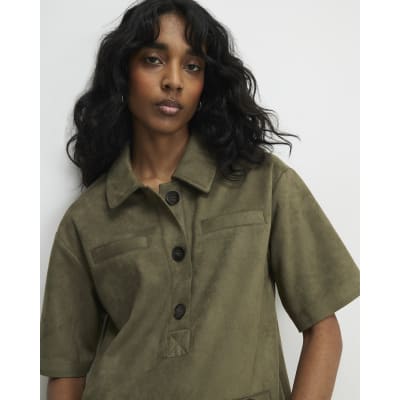 Khaki Faux Suede Short Sleeve Shirt Dress