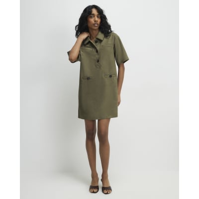 Khaki Faux Suede Short Sleeve Shirt Dress