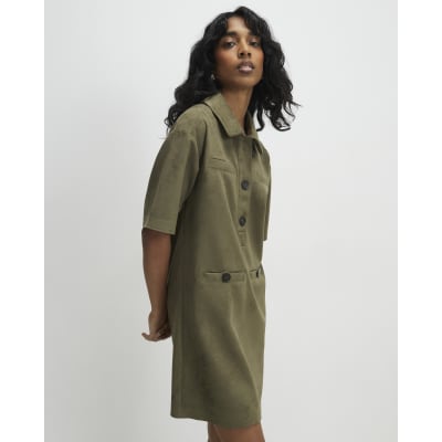 Khaki Faux Suede Short Sleeve Shirt Dress