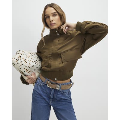 Khaki Funnel Neck Bomber Jacket