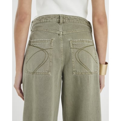 Khaki High Rise Pocket Front Barrel Jeans