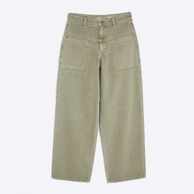 Khaki High Rise Pocket Front Barrel Jeans
