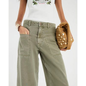 Khaki High Rise Pocket Front Barrel Jeans