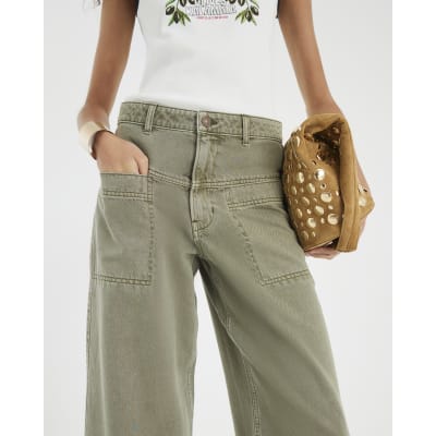 Khaki High Rise Pocket Front Barrel Jeans