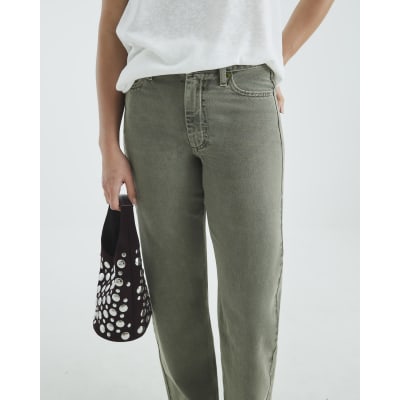 Khaki High Rise Relaxed Straight Leg Jeans
