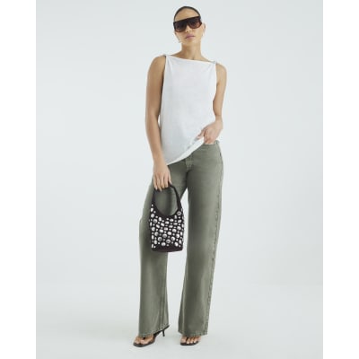 Khaki High Rise Relaxed Straight Leg Jeans