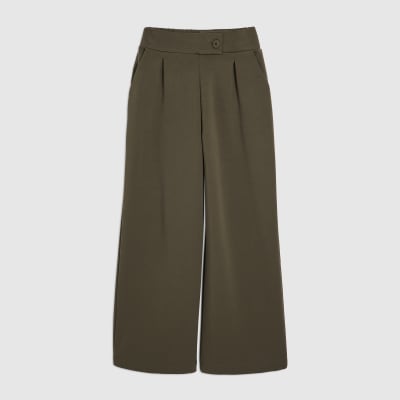 Khaki Jersey Tailored Wide Leg Trousers