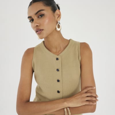 Khaki Knitted Longline Waistcoat