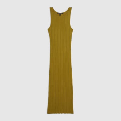 Khaki Knitted Racer Neck Ribbed Midi Dress