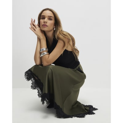 Khaki Lace Hybrid Drape Maxi Dress
